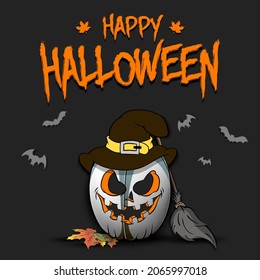Happy Halloween. Template rugby design. Rugby ball in the form of a pumpkinin in witch hat on an isolated background. Pattern for banner, poster, greeting card, invitation. Vector illustration