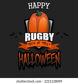 Happy Halloween. Template rugby design. Logo rugby ball in the form of a pumpkin. Pattern for banner, poster, greeting card, invitation. Vector illustration on an isolated background