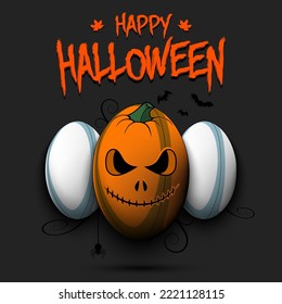 Happy Halloween. Template rugby design. Three rugby balls, one of which is in as a pumpkin. Pattern for banner, poster, greeting card, invitation. Vector illustration on an isolated background