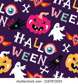 Happy Halloween- template seamless pattern in cute cartoon style. Bright colors. Hand drawn lettering. Background holiday design with pumpkin,  bat, ghost,  moon, skeleton, skull. Vector illustration.