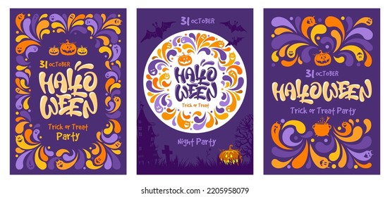 Feliz juego de plantillas de Halloween. Caligrafía de vacaciones con calabaza, fantasmas, lugar para texto y elementos decorativos brillantes. Para banner, afiche, tarjeta de saludo, invitación a fiesta. Ilustración del vector