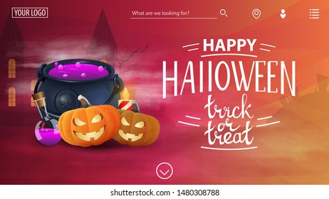 Happy Halloween, a template for the site with congratulations, witch's pot and pumpkin Jack