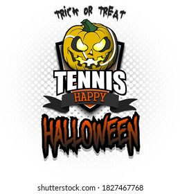 Happy Halloween. Template tennis design. Logo tennis ball in the form of a pumpkin on an isolated background. Pattern for banner, poster, greeting card, flyer, party invitation. Vector illustration
