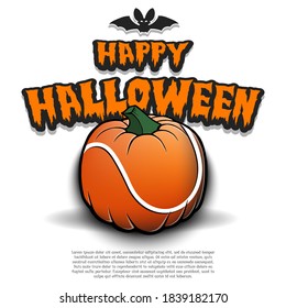 Happy Halloween. Template tennis design. Tennis ball in the form of a pumpkin on an isolated background. Pattern for banner, poster, greeting card, flyer, party invitation. Vector illustration