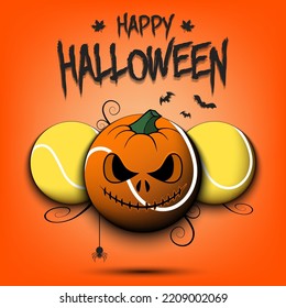 Happy Halloween. Template tennis design. Three tennis balls, one of which is in as a pumpkin. Pattern for banner, poster, greeting card, invitation. Vector illustration on an isolated background