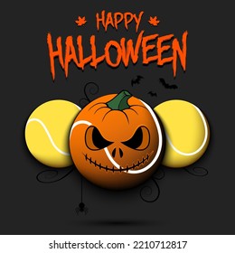Happy Halloween. Template tennis design. Three tennis balls, one of which is in as a pumpkin. Pattern for banner, poster, greeting card, invitation. Vector illustration on an isolated background