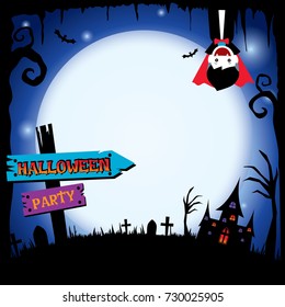 Happy Halloween template with vampire on blue night background.