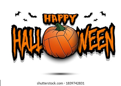 Happy Halloween. Template volleyball design. Volleyball ball in the form of a pumpkin on an isolated background. Pattern for banner, poster, greeting card, flyer, party invitation. Vector illustration