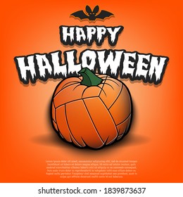 Happy Halloween. Template volleyball design. Volleyball ball in the form of a pumpkin on an isolated background. Pattern for banner, poster, greeting card, flyer, party invitation. Vector illustration