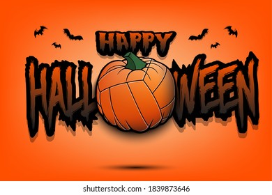 Happy Halloween. Template volleyball design. Volleyball ball in the form of a pumpkin on an isolated background. Pattern for banner, poster, greeting card, flyer, party invitation. Vector illustration