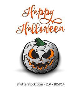 Happy Halloween. Template volleyball design. Volleyball ball in the form of a pumpkin on an isolated background. Pattern for banner, poster, greeting card, flyer, party invitation. Vector illustration