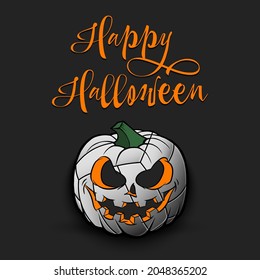 Happy Halloween. Template volleyball design. Volleyball ball in the form of a pumpkin on an isolated background. Pattern for banner, poster, greeting card, flyer, party invitation. Vector illustration