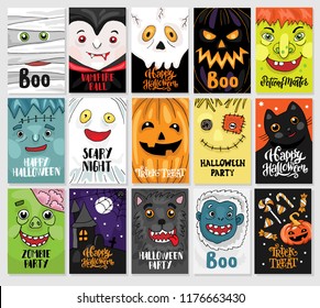 Happy Halloween - templates with hand drawn illustrations. Collection of cards, posters