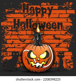 Happy Halloween. Tennis ball in the form of a pumpkin with a candle and cats against the background of bricks. Pattern for banner, poster, greeting card, invitation. Vector illustration 