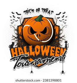 Happy Halloween. Tennis ball in the form of a pumpkin. Cats, bats, spiders, trees, crosses. Design template for banner, poster, greeting card, flyer, party invitation. Vector illustration