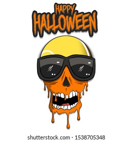 Happy Halloween. Tennis ball with skull in sunglasses with paint. Graffiti illustration of tennis ball with skull on isolated background. Skull art image. Vector illustration