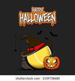 Happy Halloween. Tennis template design. Tennis ball with witch hat, pumpkin, broom, spider and bat. Design pattern for banner, poster, greeting card, flyer, party invitation. Vector illustration