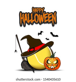 Happy Halloween. Tennis template design. Tennis ball with witch hat, pumpkin, broom, spider and bat. Design pattern for banner, poster, greeting card, flyer, party invitation. Vector illustration