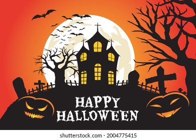 Happy Halloween. A tense night atmosphere with spooky houses and graves and haunted trees and night bats 