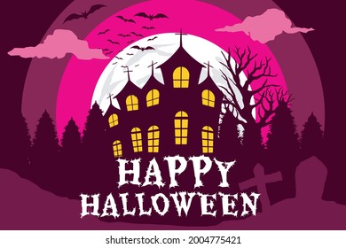 Happy Halloween. A tense night atmosphere with spooky houses and graves and haunted trees and night bats 