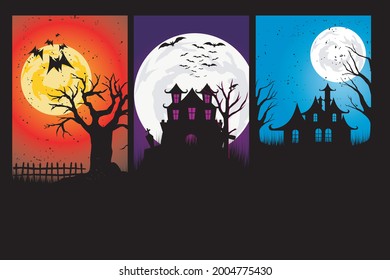 Happy Halloween. A tense night atmosphere with spooky houses and graves and haunted trees and night bats 