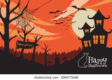 Happy Halloween. A tense night atmosphere with spooky houses and graves and haunted trees and night bats 