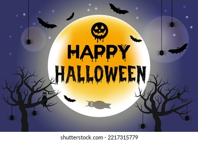 Happy Halloween terrifying night Background with black bats,spider,Pumpkin,horror Night scene,Spooky Nighttime Heppy halloween festival horrible background.