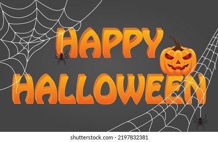 happy halloween text 3D with spider web and pumpkin