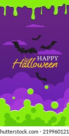 Happy Halloween text against night cloudy sky with bats vapors of poisonous green fog and green slime