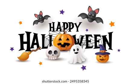 Happy Halloween text banner. 3D realistic pumpkins and other Halloween symbols. Vector illustration