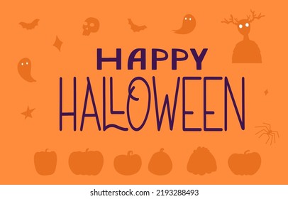 Happy Halloween Text Banner. Autumn poster with pumpkin, web, bat, ghosts. Flat vector illustration