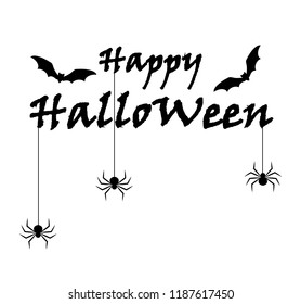 Happy Halloween text banner and background black and white with fall spiders and flying bats, Vector illustration