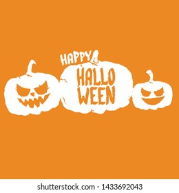 Happy Halloween text Banner or background. Vector white halloween label with scary pumpkin isolated on orange