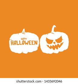 Happy Halloween text Banner or background. Vector white halloween label with scary pumpkin isolated on orange