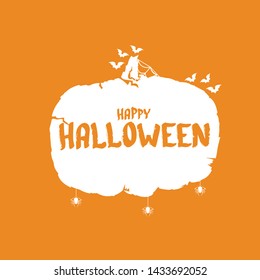 Happy Halloween text Banner or background. Vector white halloween label with scary pumpkin isolated on orange