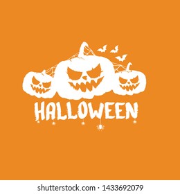 Happy Halloween text Banner or background. Vector white halloween label with scary pumpkin isolated on orange