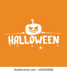 Happy Halloween text Banner or background. Vector white halloween label with scary pumpkin isolated on orange