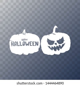 Happy Halloween text Banner or background. Vector white halloween label with scary pumpkin isolated on transparent background.