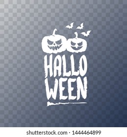 Happy Halloween text Banner or background. Vector white halloween label with scary pumpkin isolated on transparent background.