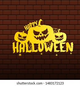 Happy Halloween text Banner or background. Vector golden halloween label with scary pumpkin isolated on brick wall background.