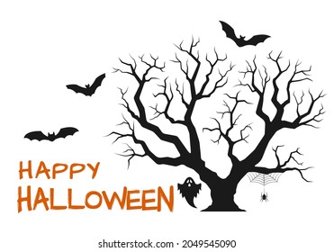 Happy Halloween text banner or background with scary tree, bat silhouettes, spider web and ghost. Poster, evil party, greeting card design template. Vector illustration.