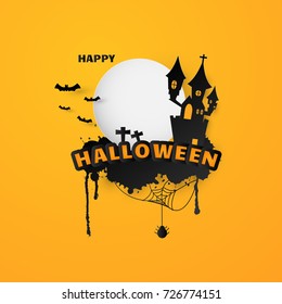 Happy Halloween Text Banner background. Paper cut vector illustration