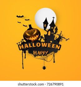 Happy Halloween Text Banner background. Paper cut vector illustration