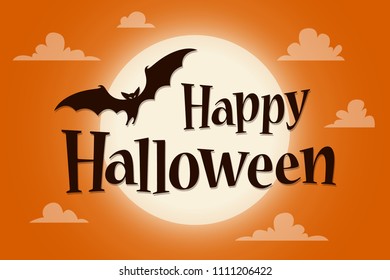 Happy Halloween Text Banner with a bat on background of the moon. Vector lettering