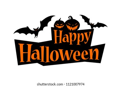 Happy Halloween Text Banner with a bat and pumpkins. Vector