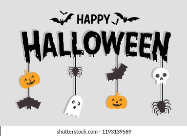 Happy Halloween Text Banner with bat, spider, pumpkin and ghost, Vector