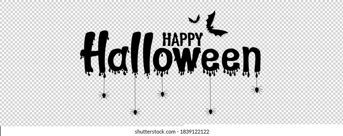 Happy halloween text banner with bats flying, spider, spider web,  isolated on png or transparent     background, font design , sale template ,website, poster,  vector  illustration 