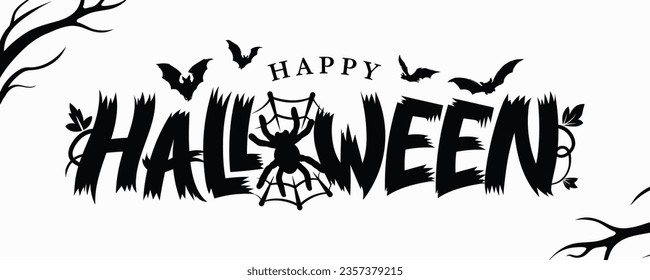 Happy Halloween text banner with big spider, spiderweb and bats. Halloween handwritten calligraphy in scary style. Black inscription isolated on white. Element for holiday design. Vector illustration