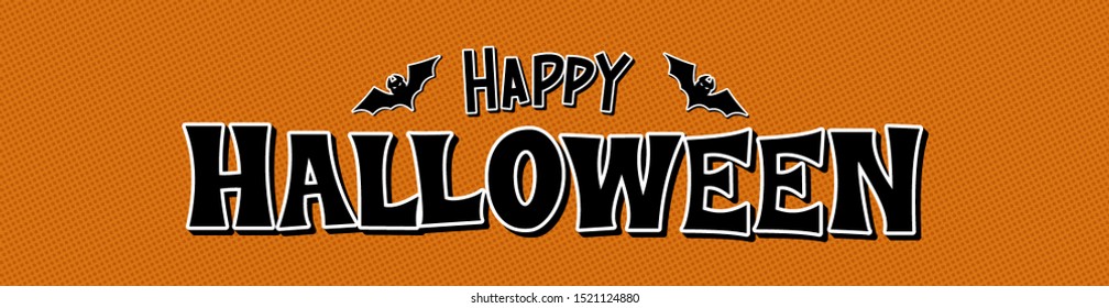 Happy Halloween text banner. Black inscription on an orange background. 