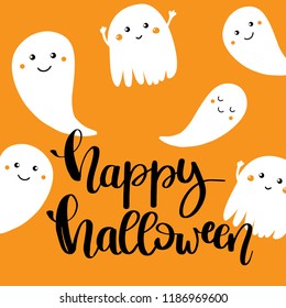 Happy Halloween Text Banner, Card, Poster design/ Lettering Phrase and cute ghosts on orange background